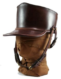 STEAMPUNK LEATHER SHAKO - dark brown leather by AmbassadorMann.deviantart.com on @DeviantArt Sunless Skies, Overgrown Forest, Leather Helmet, Steampunk Leather, Armor Clothing, Veg Tan Leather