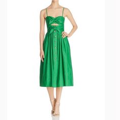 Fit + Flare Midi Dress, Cotton (84.5%) & Silk(15.5%) Green Voile Fabric, Lined, Sweetheart Neck, Cutout W/2 Ties On Bodice, Adj Sho Straps, Side Zip, Pockets. Nwt. Spring Cocktail Midi Dress With Tie Waist, Summer Cocktail Midi Dress With Tie Waist, Summer Cocktail Dress With Tie Waist, Fitted Kate Spade Midi Dress For Summer, Chic Kate Spade Midi Dress For Summer, Chic Summer Midi Dress By Kate Spade, Chic Kate Spade Summer Midi Dress, Kate Spade Knee-length Summer Dress, Kate Spade Summer Knee-length Dress