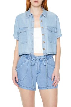 Cropped Denim Shirt | Forever 21 Summer Washed Button-up Shirt, Summer Chambray Collared Denim Top, Short Sleeve Denim Top For Spring Day Out, Spring Short Sleeve Denim Top For Day Out, Trendy Collared Washed Blue Denim Top, Collared Denim Top For Summer, Trendy Short Sleeve Denim Top With Pockets, Chambray Tops With Pockets For Day Out, Spring Denim Top With Short Sleeves And Pockets