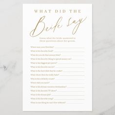 what did the bride say card with gold foil lettering on white marble background, featuring question marks