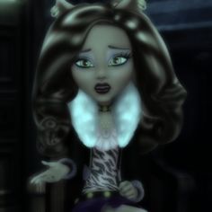 an animated image of a woman with long hair and green eyes sitting on a chair