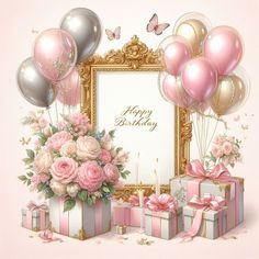 a birthday card with balloons, gifts and flowers in front of a frame that says happy birthday