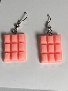 Pink Chocolate bar Earrings. These have a very nice pink colour they are a bit big Pink Rectangular Earrings For Gifts, Pink Rectangular Earrings For Gift, Rectangular Pink Earrings For Gifts, Pink Rectangular Earrings As Gift, Sweet Pink Party Earrings, Sweet Pink Earrings As Gift, Trendy Pink Earrings For Gifts, Pink Chocolate, Bar Earrings