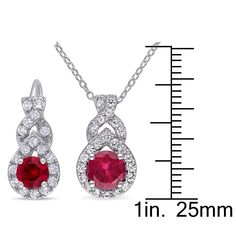 Tantalizing and royal, this lab created ruby and lab created white sapphire pendant and earring box set is a perfect curation for effortless styling. Featuring twisted settings of sterling silver, this set makes moments special with bold color and timeless beauty. | Lab Created Ruby & Lab Created White Sapphire Earring and Pendant Necklace Box Set | Sterling Silver | Size 18" | Helzberg Diamonds Formal Fine Jewelry With Lab-created Ruby, Fine Jewelry With Lab-created Ruby For Gift, Fine Jewelry Gift With Lab-created Ruby, Round Cut Jewelry For Valentine's Day Formal Occasions, Round Cut Jewelry For Valentine's Day Formal, Formal Ruby Jewelry For Valentine's Day, Diamond White Birthstone Jewelry For Formal Occasions, Ruby Jewelry For Valentine's Day Formal Occasion, Formal Silver Jewelry With Lab-created Ruby