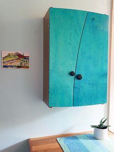 a blue cabinet hanging on the wall next to a potted plant