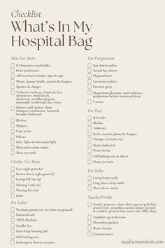 the checklist for what's in my hospital bag