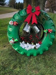 Tractor Tire Wreath, Tire Wreath, Tractor Tire, Fun Christmas Decorations, Christmas Parade, Xmas Wreaths