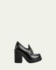 Gucci leather heeled loafers with horsebit strap    2.75 in / 70 mm block heel    Round moc toe    Notched vamp    Slipon style    Leather outsole    Lining: Leather    Made in Italy Gucci Leather, Heeled Loafers, Bergdorf Goodman, Loafer Shoes, Leather Heels, Block Heels, Tops Designs, High Heels, In Italy