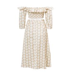 Summer Two-piece Midi-length Dress, Two-piece Midi Length Summer Dress, Summer Two-piece Midi Dress, Spring Two-piece Midi Dress, White Two-piece Beach Dress, Beige Ruffled Midi Dress For Vacation, Two-piece Midi Dress For Spring, Summer Two-piece Dress For Brunch, Beige Midi Dress With Ruffles For Vacation