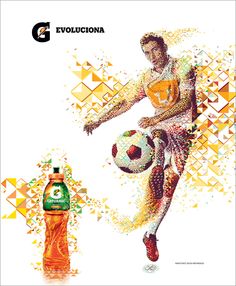 a man kicking a soccer ball next to a bottle of orange juice with an advertisement on it