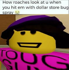 a lego man wearing a purple shirt and black hat with text that reads, how raches look at when you hit em with dollar store bug spray