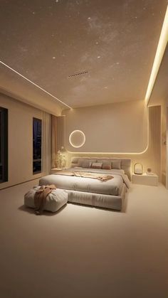 a large bed sitting in the middle of a bedroom next to a window with stars on it