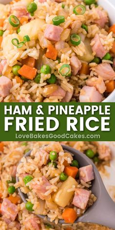 ham and pineapple fried rice in a white bowl