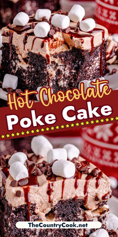 hot chocolate poke cake with marshmallows on top and the title above it