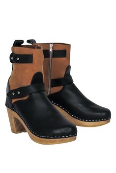 Current Boutique-Loeffler Randall - Black & Tan Clog-Style Heeled Booties Sz 9 Retro Brown Platform Boots With Round Toe, Rugged Brown Platform Boots With Round Toe, Vintage Brown Platform Boots With Round Toe, Brown Platform Boots 70s, Chic Brown Ankle-high Platform Boots, Clog Style, Loeffler Randall Shoes, Clogs Style, French Girl Chic