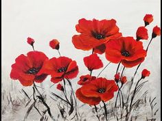 a painting of red poppies on a white background with black and gray accents,