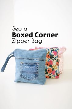 two small bags with the words sew a boxed corner zipper bag on top and bottom