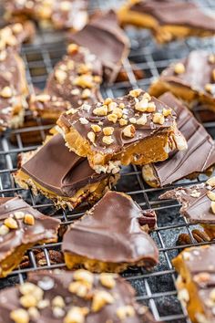 chocolate peanut butter bars on a cooling rack with nuts and chopped peanuts in the middle