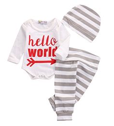 3PCS Baby Boys Clothes Girls Romper HELLO WORLD Outfit  Leggings Pants Hat 03M White -- Learn more by visiting the image link.Note:It is affiliate link to Amazon. Newborn Baby Boy Clothes Summer, Coming Home Outfit Boy, Romper Long Pants, Baby Coming Home Outfit, Baby Boy Clothes Newborn, Baby Boy Clothing Sets, Baby Girl Boy, Clothes Outfit