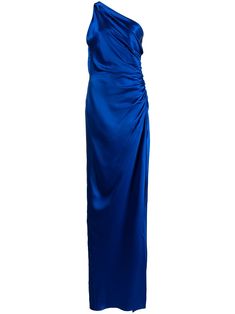 cobalt blue silk gathered detailing one-shoulder sleeveless side slit concealed side zip fastening floor-length Royal Blue Dress Outfit, Royal Blue Long Dress, Blue Velvet Gown, Gown Blue, Blue Silk Dress, Michelle Mason, Long Blue Dress, Outfit Wedding Guest, Bright Fashion