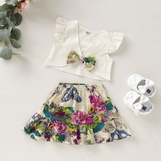 Baby Flying Sleeve V-Neck Bow Top & Flower Allover Skirt - PrettyKid Playful Printed Sets For Spring, Playful Multicolor Sets With Floral Print, Cute Floral Print Spring Sets, Flower Allover, Fancy Fabric, French Street Fashion, High Waisted Denim Shorts, Bow Top, Boys Stripes