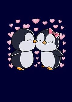 two penguins kissing each other with hearts in the background