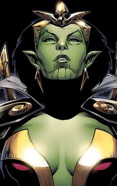 an image of a woman with green hair and armor on her face, in front of a black background