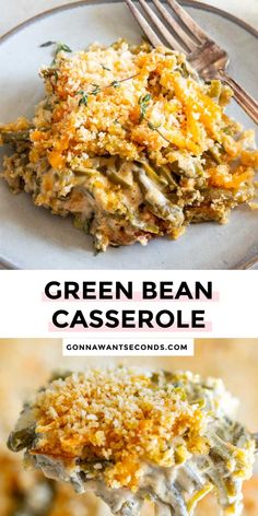 green bean casserole on a white plate with a fork and text overlay that reads, green bean casserole