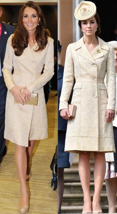 two pictures of the same woman in different outfits, one wearing a hat and coat