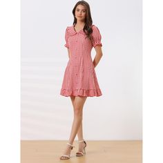 Look as cute as you do cool and collected in this Peter Pan collar dress. This fanciful Peter Pan collar mini dress is designed with a sweet collar and ruffled skirt. The beautiful gingham print dress has short puff sleeves and a mini-length skirt finished with a soft ruffle hem. Walk with a brisk in your step in the Gingham Print Wrap Mini Dress and be the center of everyone's attention. Cute Fitted Mini-length Plaid Dress, Red Plaid Mini Dress For Spring, Short Sleeve Mini Dress With Ruffles For Picnic, Preppy Mini Dress For Summer, Cute Knee-length Mini Dress With Ruffle Hem, Puff Sleeve Mini Dress With Ruffles For Picnic, Gingham Mini Dress With Ruffles, Fitted Mini Length Plaid Dress With Ruffles, Fitted Mini Plaid Dress With Ruffles