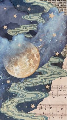 an altered collage of the moon, stars and music notes on newspaper paper with watercolors