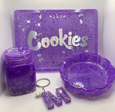 there is a purple cookie set on the table