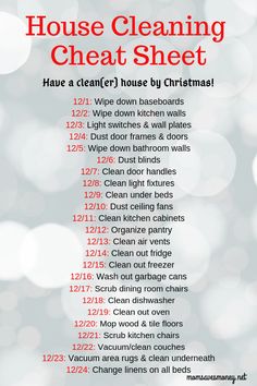 the house cleaning checklist is shown with red and white text on it, along with an image of christmas lights