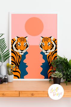 an orange and blue tiger print on a wall above a wooden shelf next to potted plants