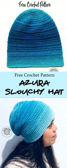 the free crochet pattern for a slouchy hat is shown in two different colors