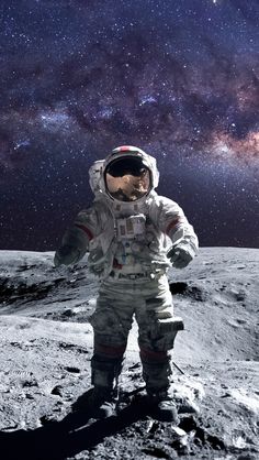 an astronaut standing on the moon with stars in the background