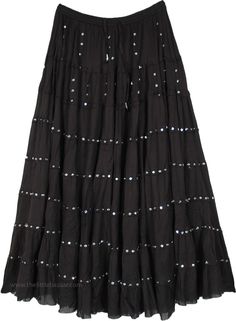 Be understated yet glamorous with this black long-tiered skirt embellished with sequins.  The cotton skirt has a flared long design. #tlb #Misses #MaxiSkirt #vacationclothing #Dance #Fall #bohemianfashion #Indian #BlackDancingSkirt Black Long Sequin Skirt, Long Black Sequined Skirt, Festive Black Sequined Skirt, Long Skirt Outfits Indian, Black Long Skirt Outfit, Tiered Long Skirt, Black Dancing, Dancing Skirt, Long Tiered Skirt