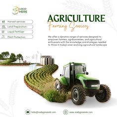 an advertisement for agricultural farming services, with a tractor in the foreground and farm land behind it