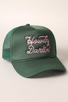 This Howdy Darlin' Embroidered Cap is an essential addition to your wardrobe. The classic trucker style features an embroidered design with a mesh back for maximum breathability. Perfect for any casual day out, this cap adds a touch of charm to any outfit. Embroidery Trucker Hats, Trucker Hat Ideas For Women, Trendy Embroidered Trucker Hat For Summer, Embroidered Trucker Hats, Trendy Embroidered Trucker Hat, Cool Caps Hat, Women’s Trucker Hats, Initial Trucker Hat, Cowboy Hat Trucker Hat