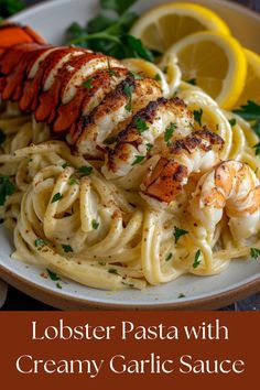 lobster pasta with creamy garlic sauce on a plate