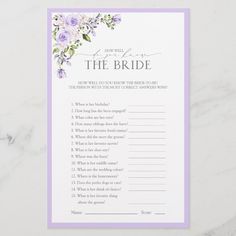 a purple and white floral bridal game card with the words, what do you know?