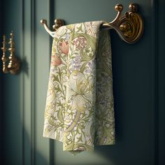 a towel hanging on the wall next to a green door with gold hardware and handles