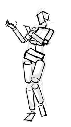 a black and white drawing of a person with boxes on his head, arms outstretched