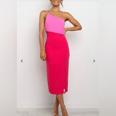 Bought And Didn’t Return By The Required Date. Never Worn! Perfect For Spring Weddings! Pink Fitted One-shoulder Midi Dress, Pink One-shoulder Bodycon Dress For Spring, Pink One-shoulder Midi Dress For Day Out, Pink One-shoulder Midi Dress For Brunch, Hot Pink Dress, Spring Weddings, Hot Pink Dresses, Dresses Pink, Boutique Dresses