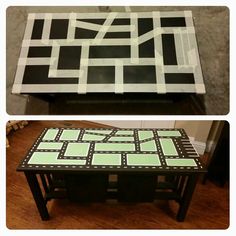 a table that has been painted with black and white squares on it, next to a photo of the same table