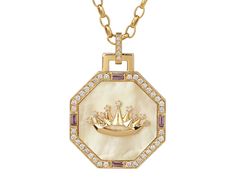 Part of their Tarot collection, this statement-making Sorellina necklace balances modern design and ancient sentiments. A crown of 18K yellow gold is set at the center of the yellow mother-of-pearl with diamonds at the tip of each point. It is framed by a halo of baguette pastel garnets and shimmering white diamonds and hangs from the center of the 18K yellow gold chain. The Empress card is associated with maternal influence and can represent the creation of life, romance, art, or new business. Luxury White Jeweled Necklaces, Luxury White Medallion Necklace, Luxury White Jewelry With Jewels, Luxury White Jeweled Jewelry, Fine Jewelry In Yellow Gold With Mother Of Pearl, Luxury Mother Of Pearl Formal Jewelry, Luxury Formal Mother Of Pearl Jewelry, Elegant Medallion Necklace In Mother Of Pearl, Elegant Mother Of Pearl Medallion Necklace