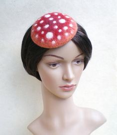 Whimsical Mini Cap Hats, Mushroom Fascinator, Whimsical Brimmed Hats As Gifts, Whimsical Halloween Hat As Gift, Whimsical Costume Hat With Adjustable Round Crown, Whimsical Adjustable Costume Hat With Round Crown, Whimsical Handmade Costume Hats And Headpieces As Gift, Red Whimsical Mini Hats For Gifts, Whimsical Red Mini Hats For Gifts