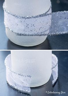 two pictures of the top and bottom of a white cake with silver sequins on it