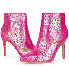 Expertly crafted from snakeskin printed faux leather, this pair features an all-over snake printing and stiletto heels for comfort. A zipper on one side makes it easy to put on and take off. Complete your ensemble with these ankle boots. Colorful Snakeskin Printed Boots, Stiletto Heel Ankle Boots, Pointed Toe, Snake Printing, Side Zip. Vamp: Snakeskin printed Faux Leather; Outsole: Rubber; Heel: ABS. Heel Height: 3 3/4 inches. Please check the size measurement chart before ordering Snake Print Party Boots, Party Ankle Boots With Snake Print, Party Snake Print Ankle Boots, Pink Ankle Heeled Boots For Party, Pink Party Ankle Heeled Boots, Pink Party Ankle Boots, Pink Ankle-high Boots For Evening, Pink Pointed Toe Boots For Night Out, Pink Ankle Boots For Evening