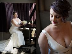 a woman in a white dress sitting at a table next to a purple velvet chair